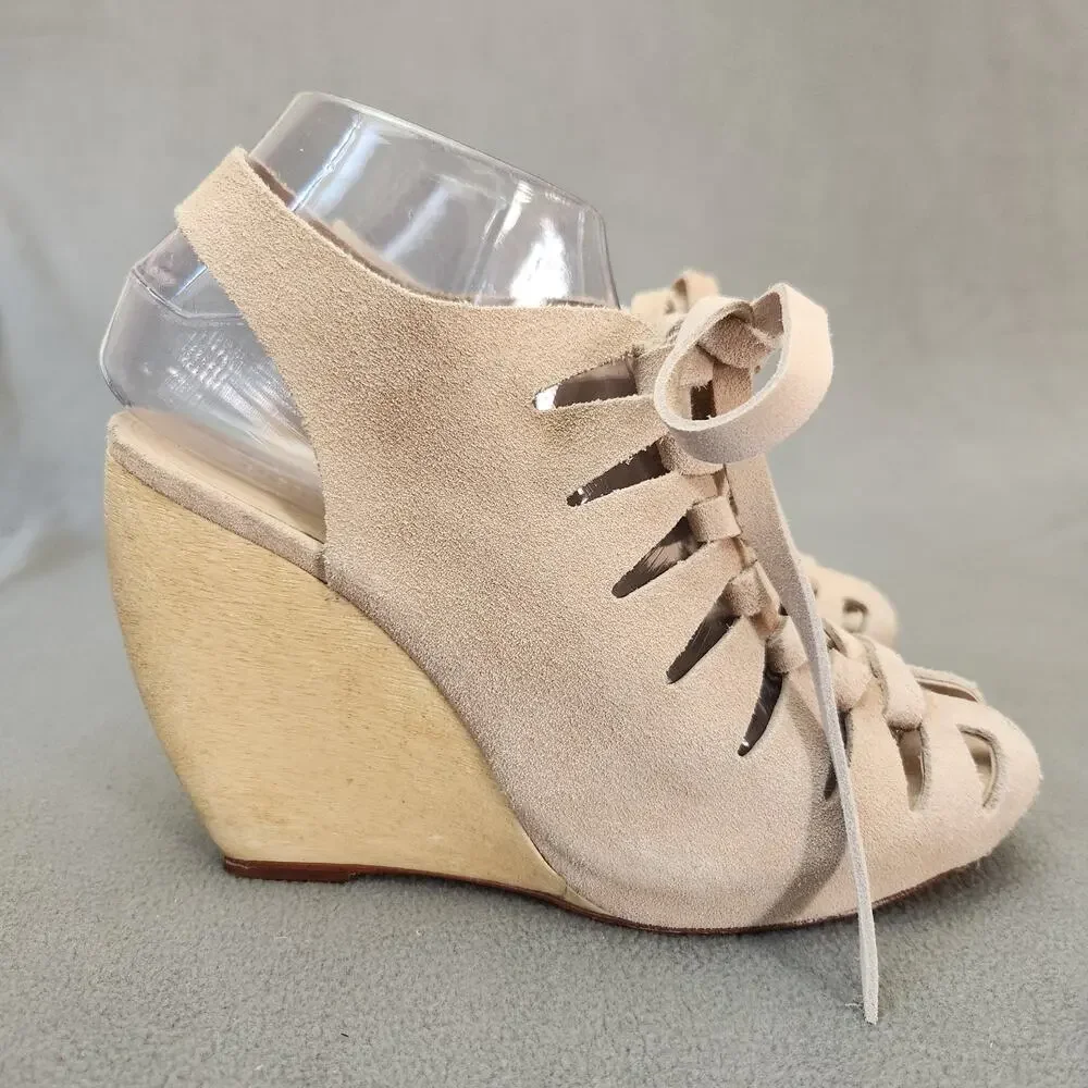 LOEFFLER RANDALL Vivian Lace Up Wedge Sandal  Size 7.5B Natural Tan‎ Slingback - Picture 3 of 15